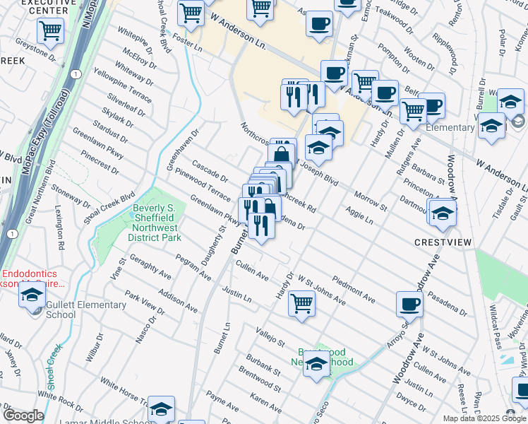 map of restaurants, bars, coffee shops, grocery stores, and more near 2300 Pasadena Drive in Austin
