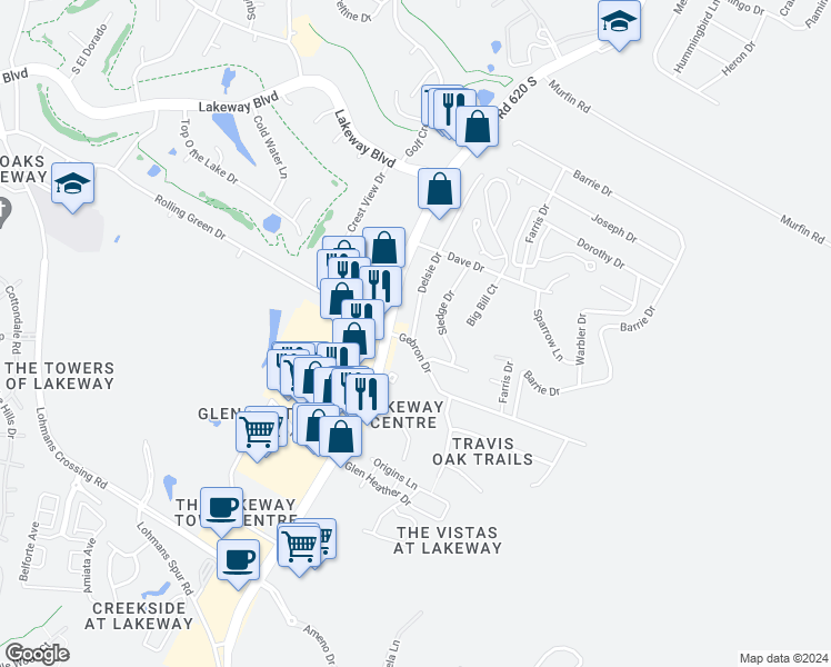 map of restaurants, bars, coffee shops, grocery stores, and more near 15404 Gebron Drive in Lakeway