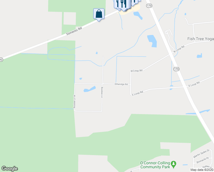 map of restaurants, bars, coffee shops, grocery stores, and more near 10445 Etheridge Road in Pensacola