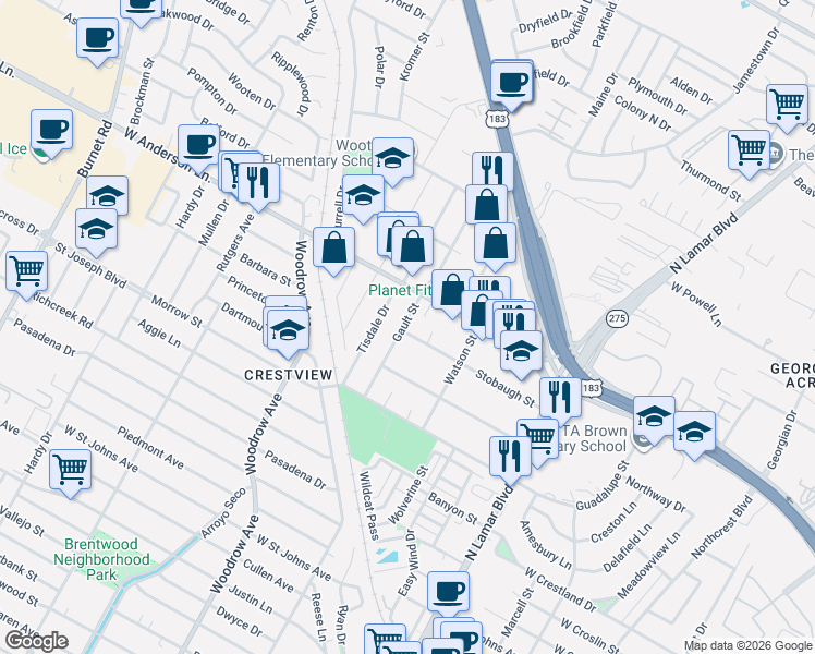 map of restaurants, bars, coffee shops, grocery stores, and more near 7805 Gault Street in Austin