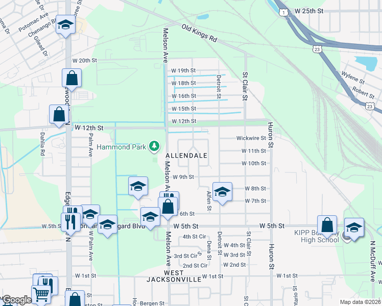 map of restaurants, bars, coffee shops, grocery stores, and more near 2039 Prospect Street West in Jacksonville