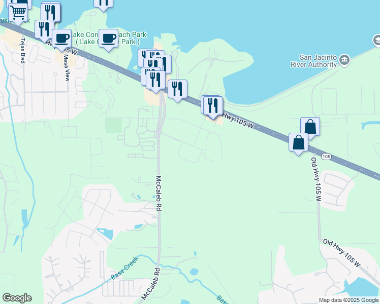 map of restaurants, bars, coffee shops, grocery stores, and more near 425 McCaleb Road in Conroe