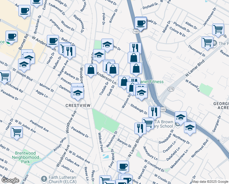 map of restaurants, bars, coffee shops, grocery stores, and more near 7805 Gault Street in Austin