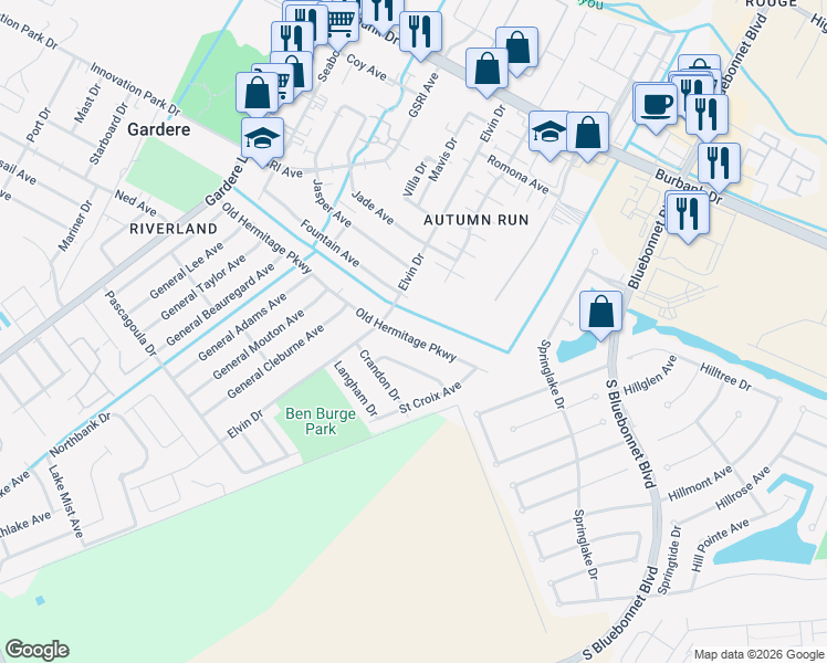 map of restaurants, bars, coffee shops, grocery stores, and more near 9361 Old Hermitage Parkway in Baton Rouge