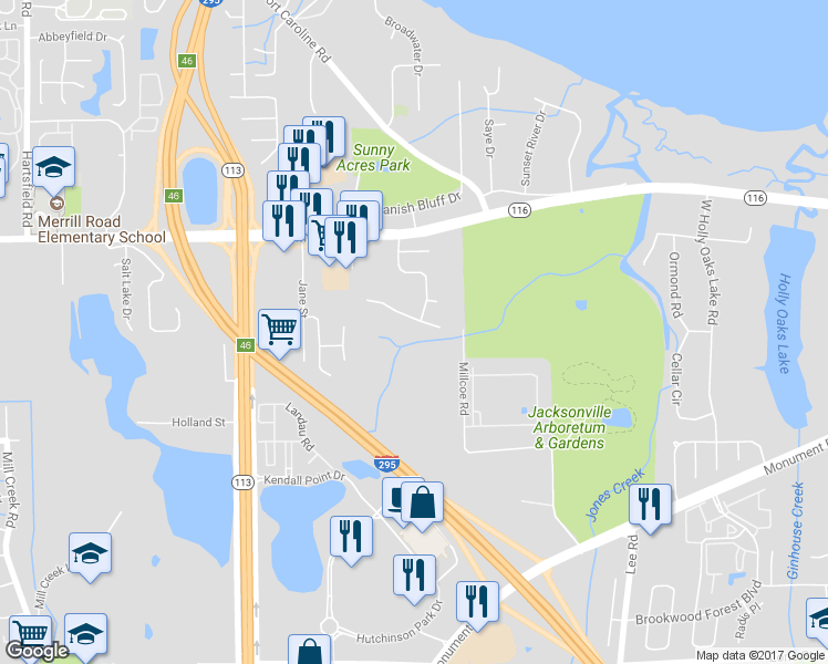 map of restaurants, bars, coffee shops, grocery stores, and more near 9256 Dale View Lane West in Jacksonville