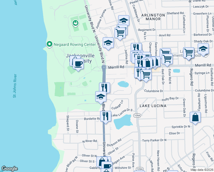 map of restaurants, bars, coffee shops, grocery stores, and more near 2695 University Boulevard North in Jacksonville