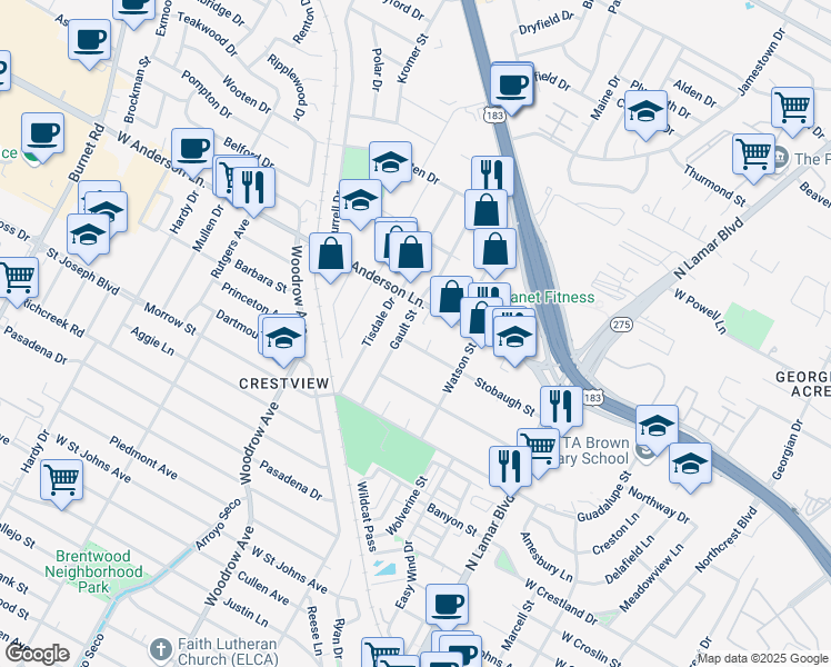 map of restaurants, bars, coffee shops, grocery stores, and more near 7805 Gault Street in Austin