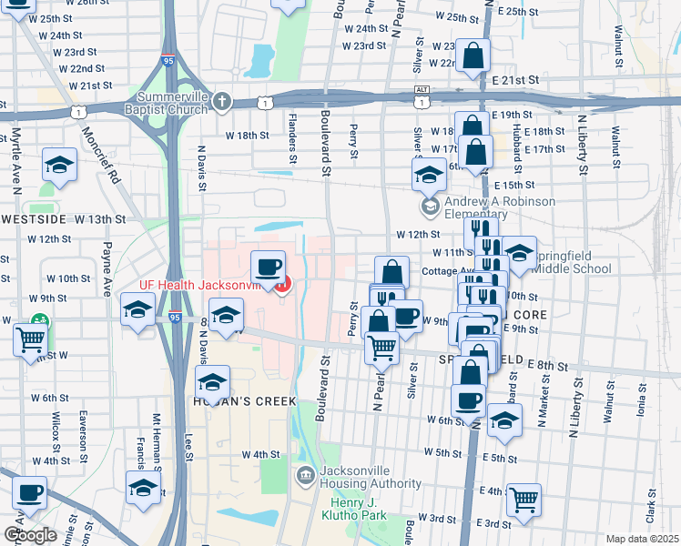 map of restaurants, bars, coffee shops, grocery stores, and more near 403 West 10th Street in Jacksonville