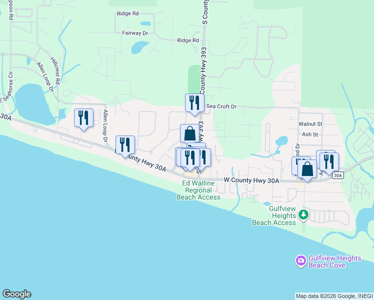 map of restaurants, bars, coffee shops, grocery stores, and more near 56 Spires Lane in Santa Rosa Beach