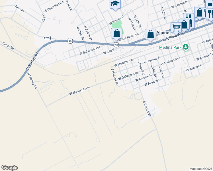 map of restaurants, bars, coffee shops, grocery stores, and more near 1800-1934 W Mosley Loop in Alpine