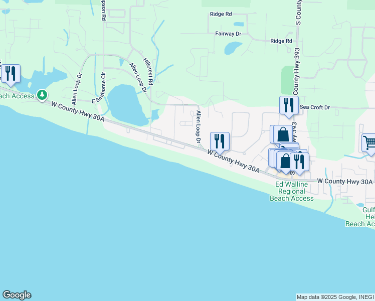 map of restaurants, bars, coffee shops, grocery stores, and more near 4961 West County Highway 30A in Santa Rosa Beach