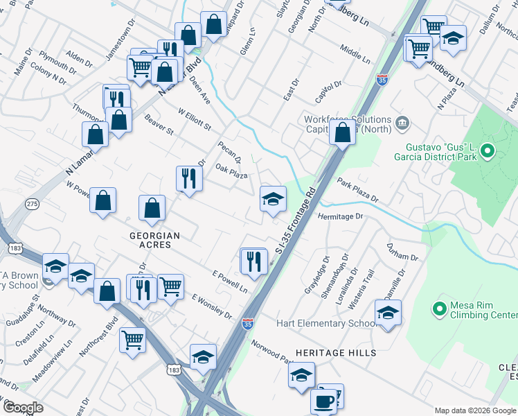 map of restaurants, bars, coffee shops, grocery stores, and more near 600 Barwood Park in Austin
