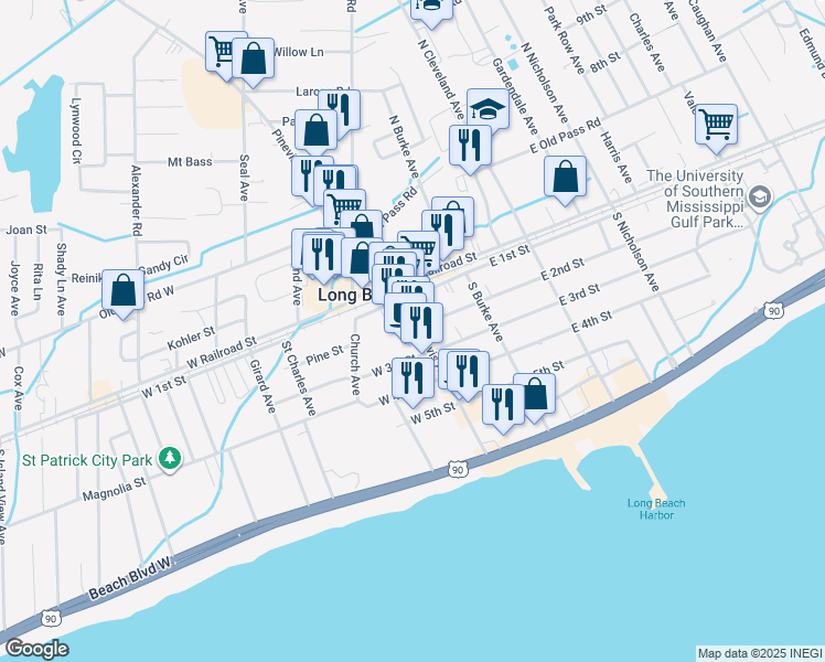map of restaurants, bars, coffee shops, grocery stores, and more near 124 Jeff Davis Ave in Long Beach