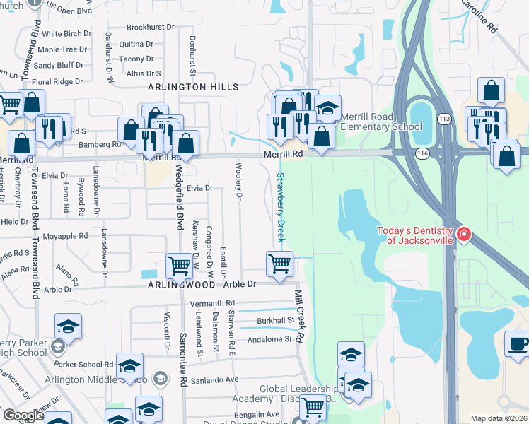 map of restaurants, bars, coffee shops, grocery stores, and more near 7920 Merrill Road in Jacksonville