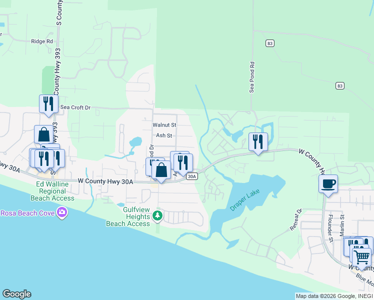 map of restaurants, bars, coffee shops, grocery stores, and more near 162 Bramble Street in Santa Rosa Beach