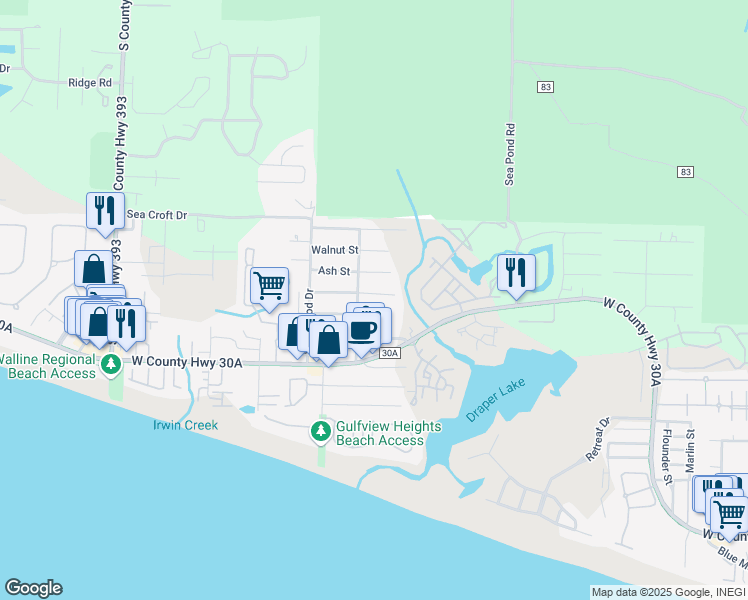 map of restaurants, bars, coffee shops, grocery stores, and more near 162 Bramble Street in Santa Rosa Beach