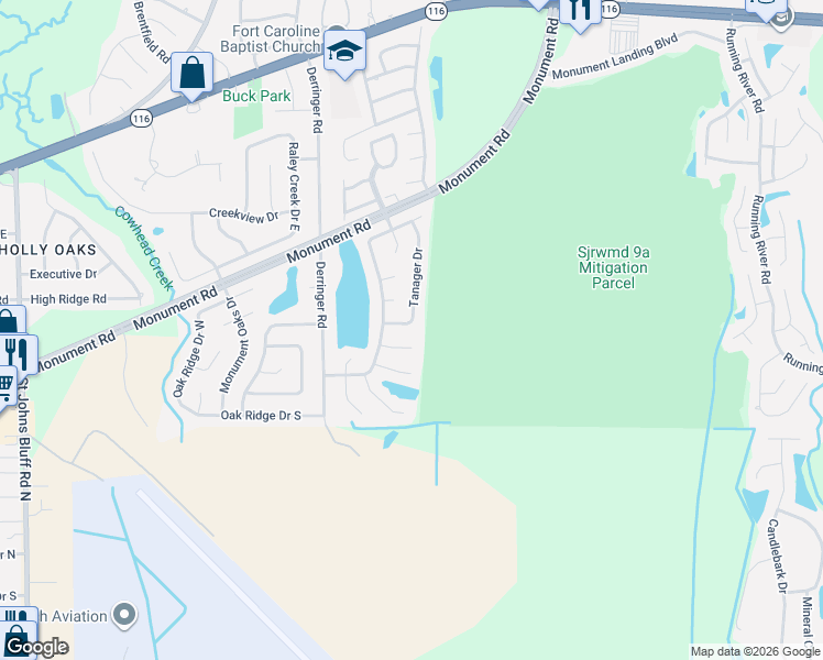 map of restaurants, bars, coffee shops, grocery stores, and more near 11390 Tanager Drive South in Jacksonville