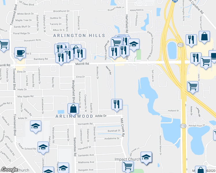 map of restaurants, bars, coffee shops, grocery stores, and more near 7920 Merrill Road in Jacksonville