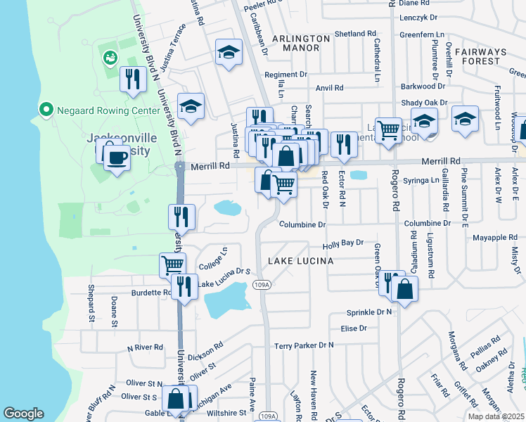 map of restaurants, bars, coffee shops, grocery stores, and more near 2640 Cesery Boulevard in Jacksonville
