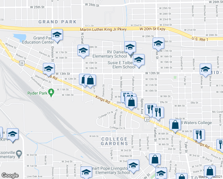 map of restaurants, bars, coffee shops, grocery stores, and more near 2020 Palafox Street in Jacksonville