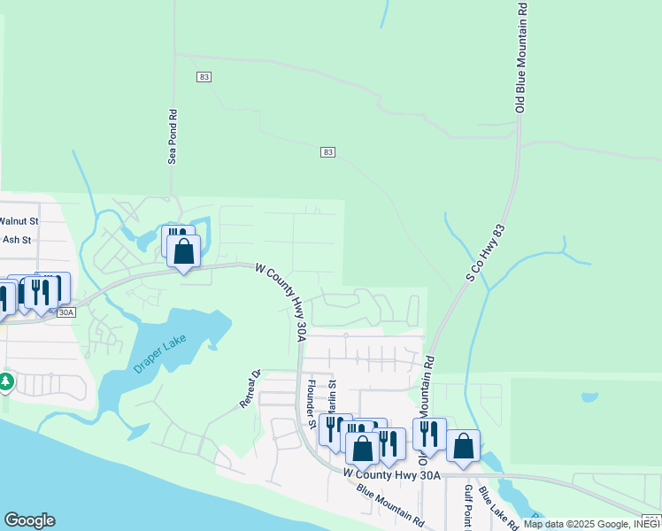 map of restaurants, bars, coffee shops, grocery stores, and more near 128 East Blue Coral Drive in Santa Rosa Beach