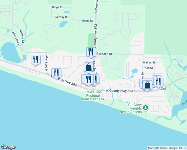 map of restaurants, bars, coffee shops, grocery stores, and more near 56 Spires Lane in Santa Rosa Beach
