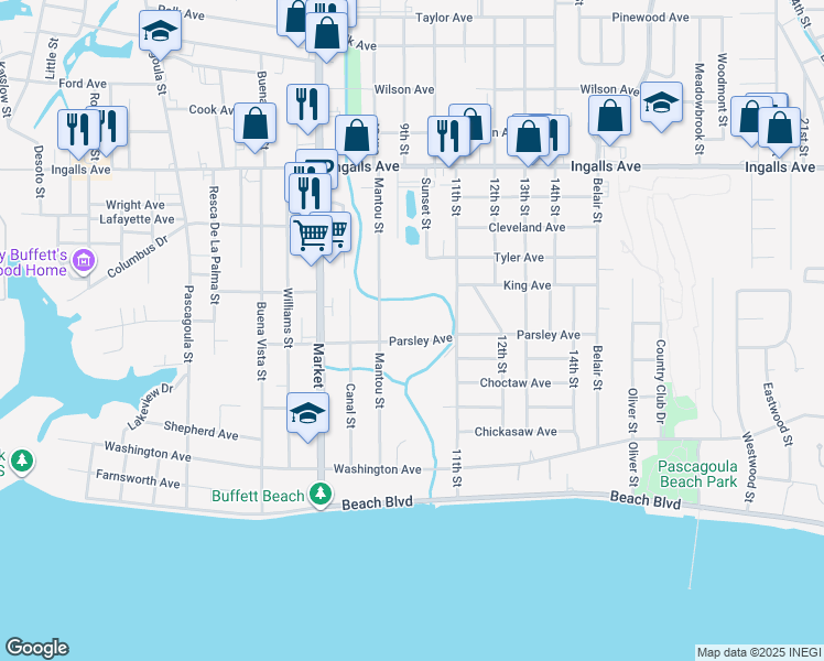 map of restaurants, bars, coffee shops, grocery stores, and more near 1903 Parsley Avenue in Pascagoula