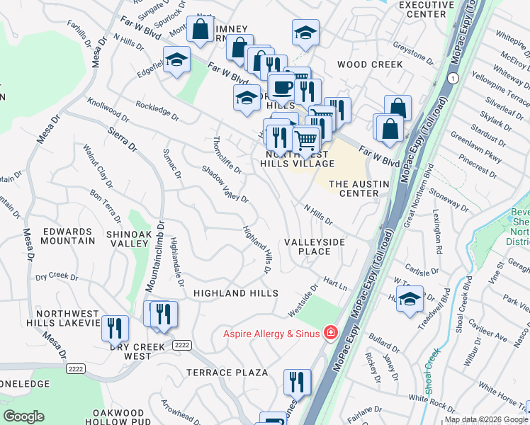 map of restaurants, bars, coffee shops, grocery stores, and more near 6109 Shadow Valley Drive in Austin