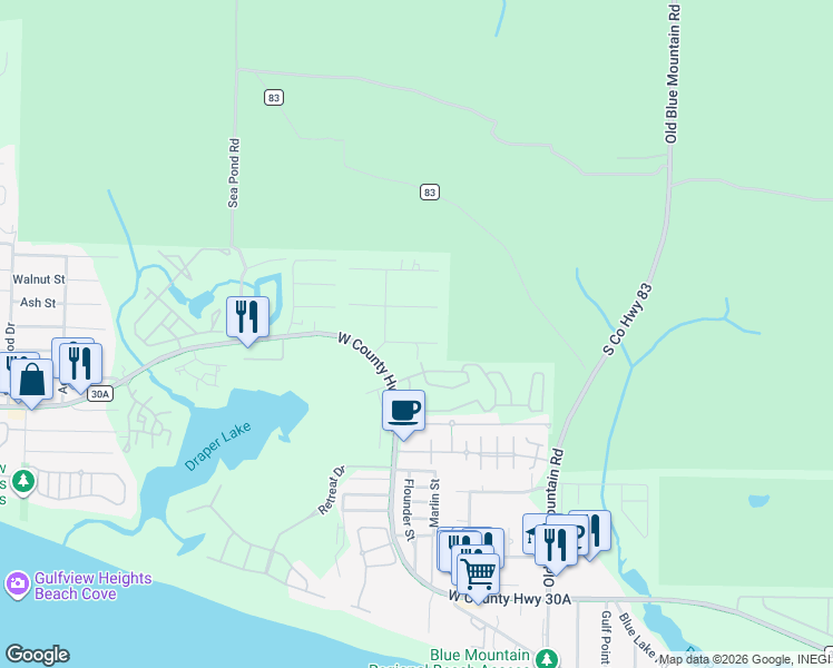 map of restaurants, bars, coffee shops, grocery stores, and more near 33 Blue Wave Drive in Santa Rosa Beach
