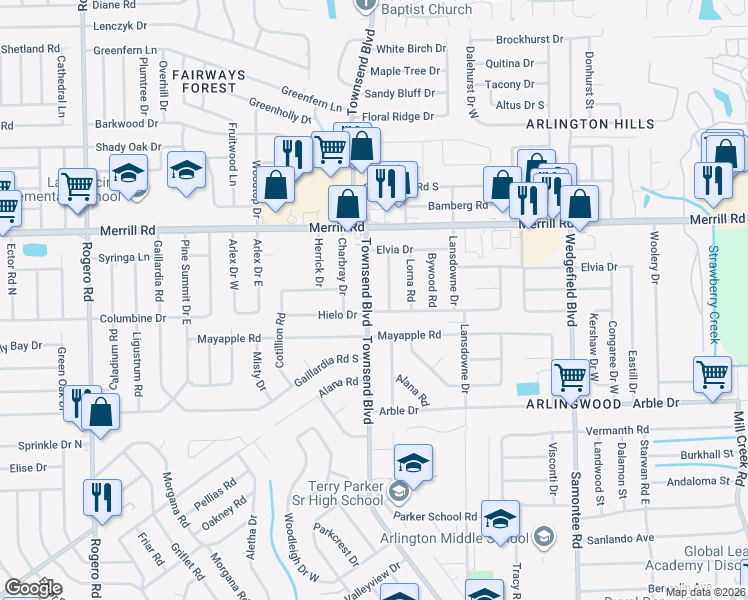 map of restaurants, bars, coffee shops, grocery stores, and more near 2617 Townsend Boulevard in Jacksonville