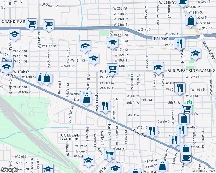 map of restaurants, bars, coffee shops, grocery stores, and more near 1819 West 10th Street in Jacksonville