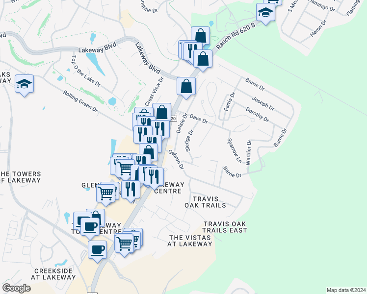 map of restaurants, bars, coffee shops, grocery stores, and more near 1310 Sledge Drive in Austin