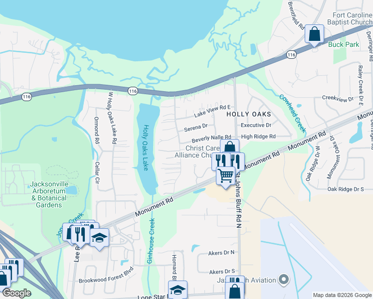 map of restaurants, bars, coffee shops, grocery stores, and more near 1671 East Holly Oaks Lake Road in Jacksonville