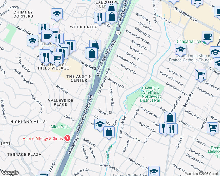 map of restaurants, bars, coffee shops, grocery stores, and more near 3000 Mohawk Road in Austin