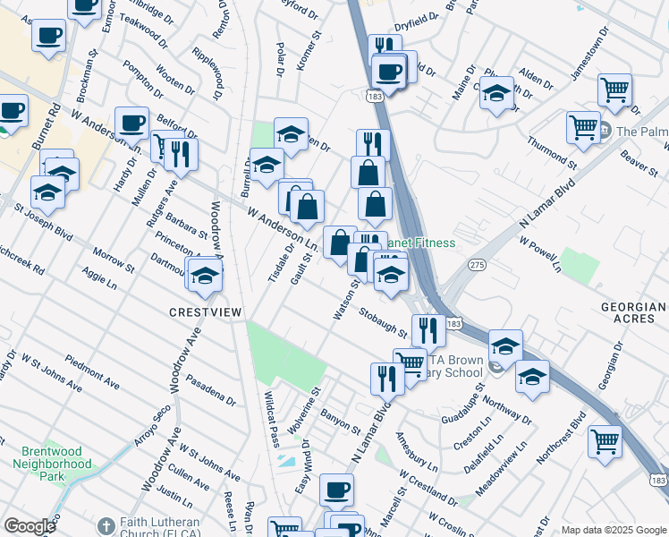 map of restaurants, bars, coffee shops, grocery stores, and more near 1113 West Anderson Lane in Austin
