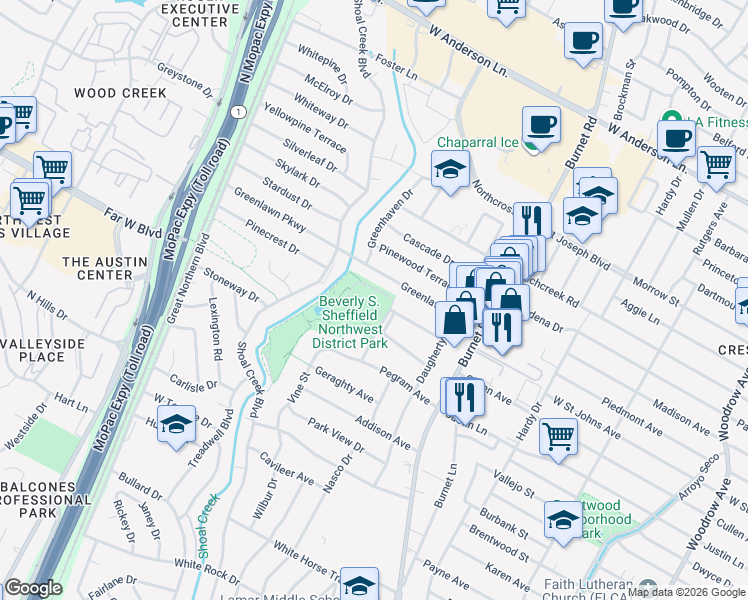 map of restaurants, bars, coffee shops, grocery stores, and more near 7000 Ardath Street in Austin