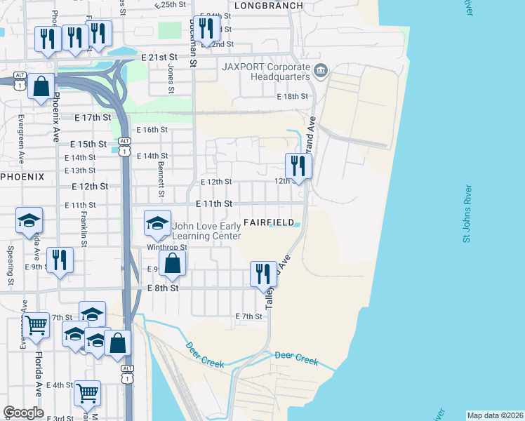 map of restaurants, bars, coffee shops, grocery stores, and more near 2060 Louise Street in Jacksonville
