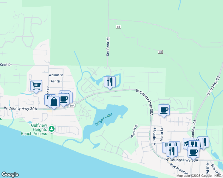 map of restaurants, bars, coffee shops, grocery stores, and more near 3292 West County Highway 30A in Santa Rosa Beach