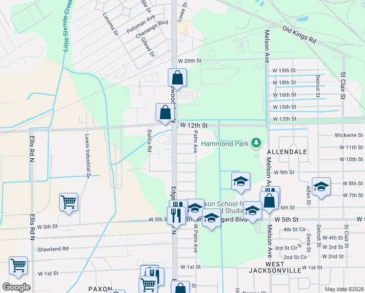 map of restaurants, bars, coffee shops, grocery stores, and more near 3532 Bougainvillea Street in Jacksonville
