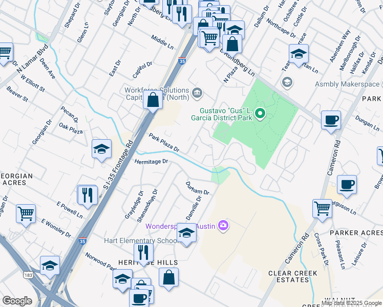 map of restaurants, bars, coffee shops, grocery stores, and more near 8805 North Plaza in Austin