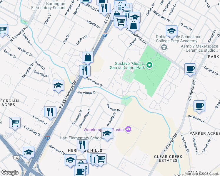 map of restaurants, bars, coffee shops, grocery stores, and more near 8805 North Plaza in Austin