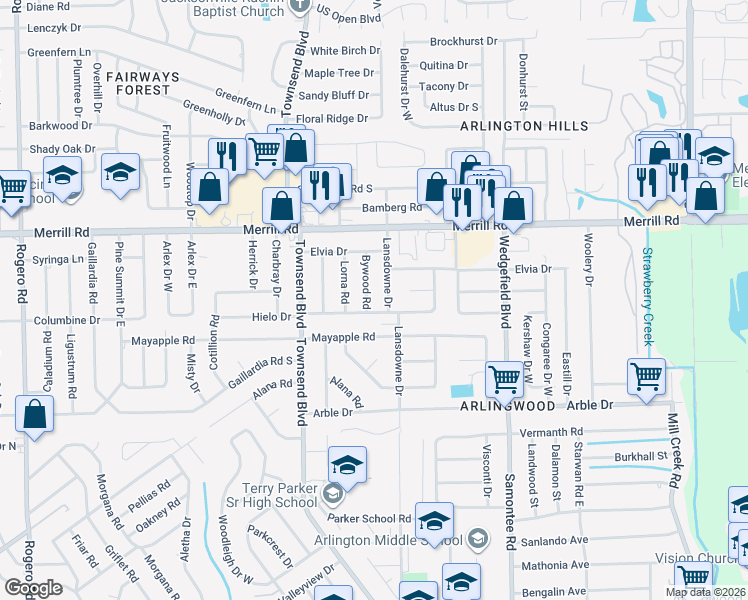 map of restaurants, bars, coffee shops, grocery stores, and more near 2619 Bywood Road in Jacksonville