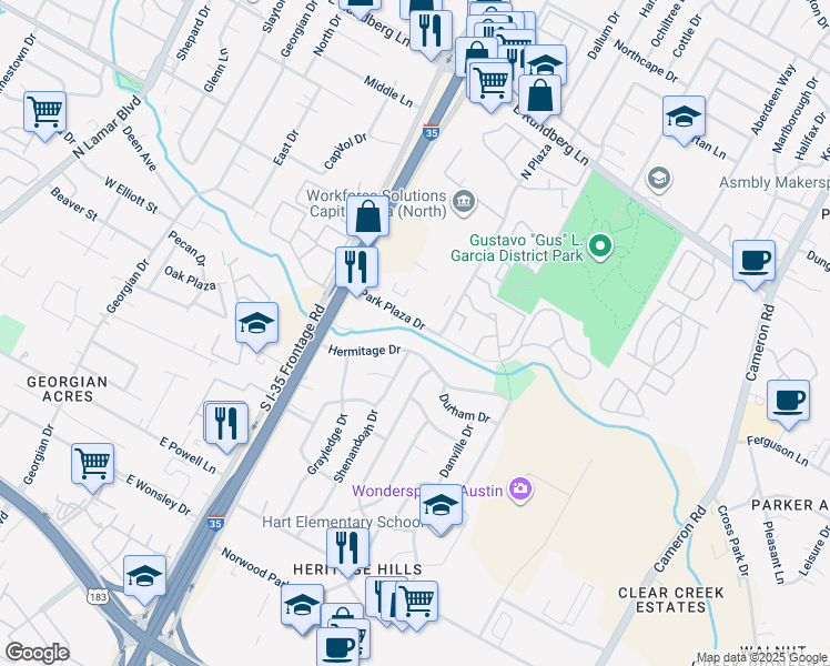 map of restaurants, bars, coffee shops, grocery stores, and more near 919 Park Plaza in Austin