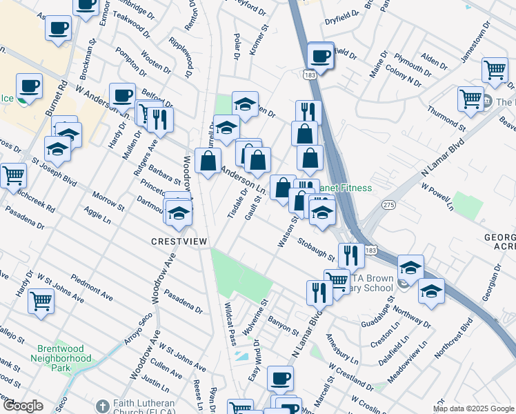 map of restaurants, bars, coffee shops, grocery stores, and more near 7805 Gault Street in Austin