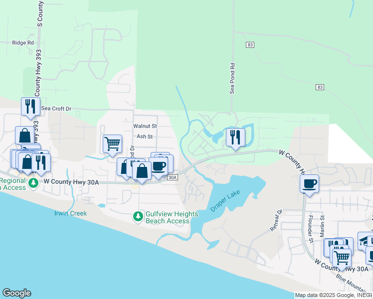 map of restaurants, bars, coffee shops, grocery stores, and more near 117 Okeechobee West in Santa Rosa Beach