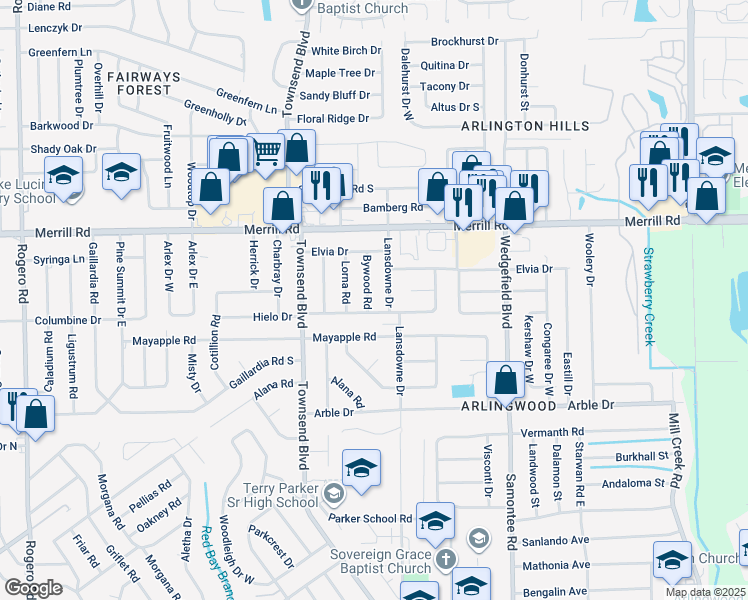 map of restaurants, bars, coffee shops, grocery stores, and more near 2619 Bywood Road in Jacksonville
