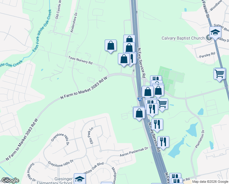 map of restaurants, bars, coffee shops, grocery stores, and more near 1498-1590 North Farm to Market 3083 Road West in Conroe