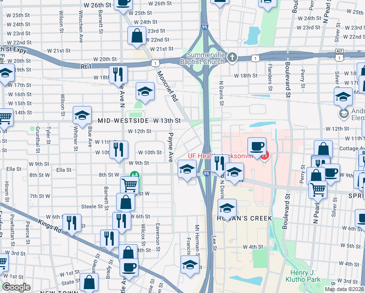map of restaurants, bars, coffee shops, grocery stores, and more near 2056 Mount Herman Street in Jacksonville
