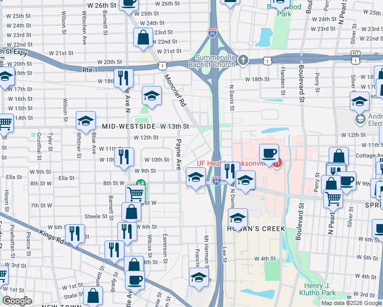 map of restaurants, bars, coffee shops, grocery stores, and more near 2056 Mount Herman Street in Jacksonville