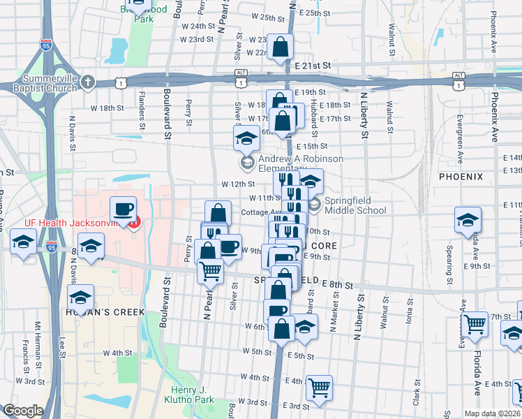 map of restaurants, bars, coffee shops, grocery stores, and more near 2048 North Laura Street in Jacksonville